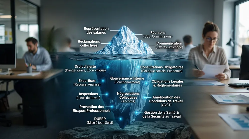 Iceberg des missions du CSE : partie visible (représentation, réclamations) et partie immergée (droit d'alerte, DUERP, prévention)
