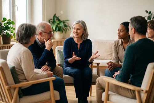 Atelier chaleureux dans les locaux d'une association : des participants engagés échangent en demi-cercle