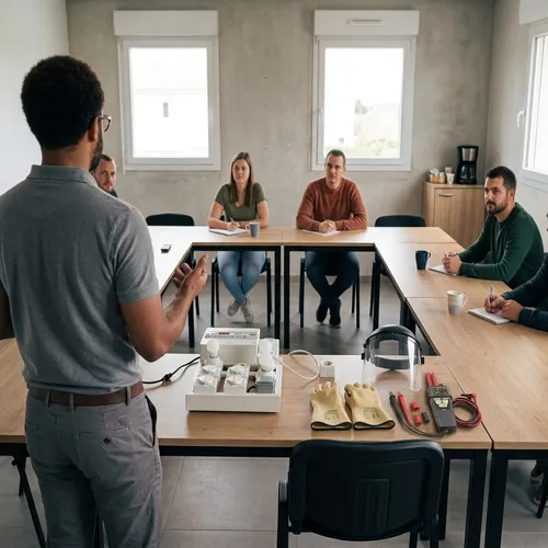 Le formateur, debout et vu de dos, présente une plateforme d'essai électrique à un groupe d'agents de proximité assis en U, en tenues variées, qui écoutent et prennent des notes